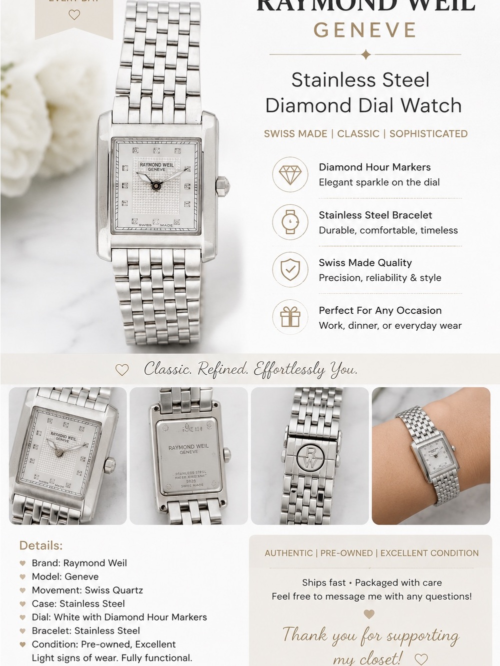 Raymond Weil Genève Women’s Swiss Quartz Diamond Dial Stainless Steel Watch